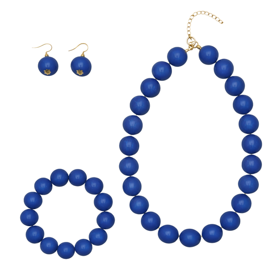 Blauwe statement kralenset met ketting armband en oorbellen
