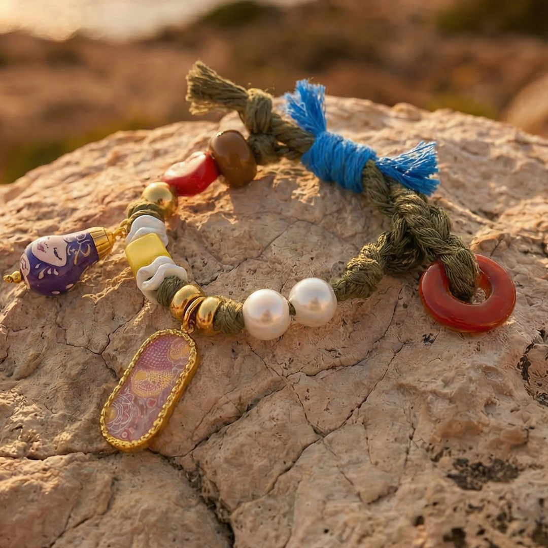 Kleurrijke boho armband met matroesjka bedel, kralen en gevlochten koord.
 lop steen
