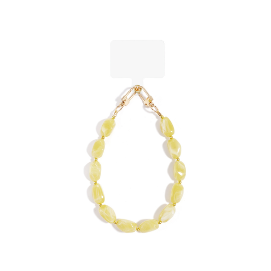 Botergeel kralen telefoonkoord met goudkleurige clips en ovale kralen.