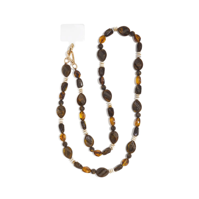 Bruin amber lange kralenketting met offwhite details