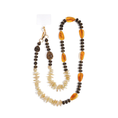 Bruin amber lange kralenketting met offwhite split kralen