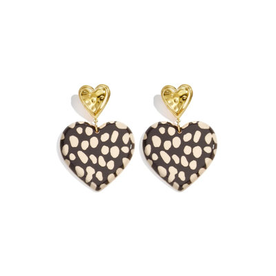 Bruin beige panter hartjes XL statement oorbellen met goud