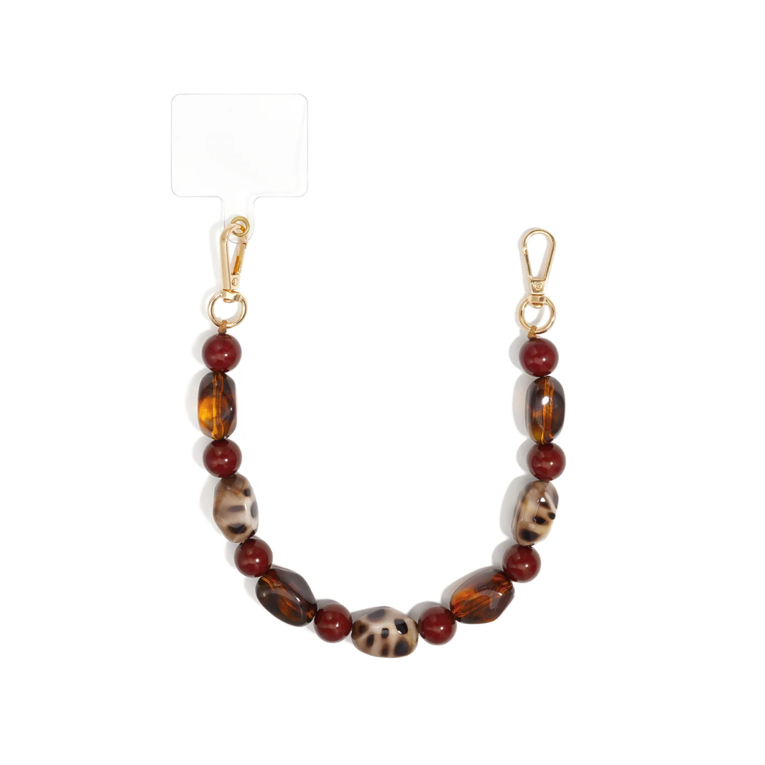 Bruin burgundy kralen telefoonkoord met amberkleurige kralen, panterprint en gouden clips