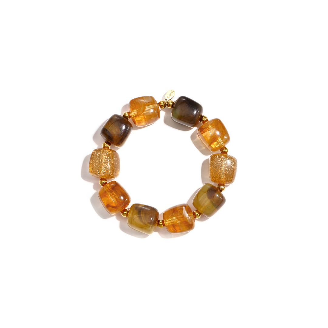 Bruin-gouden chunky kralenarmband met vierkante marble kralen en glitterkralen