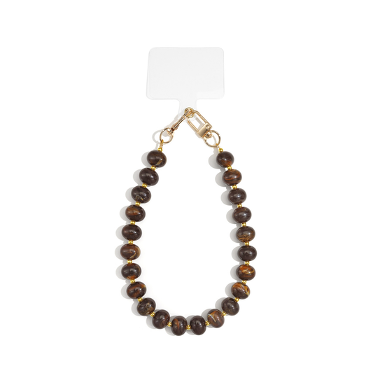 Bruin kralen telefoonkoord met ronde marmerlook kralen en goudkleurige clip op witte achtergrond.