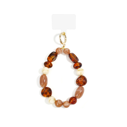 Bruin marble telefoonkoord met amberkleurige en beige kralen