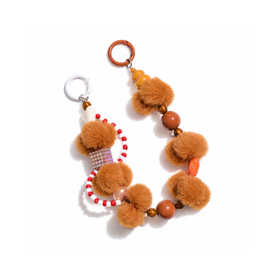 Bruin-oranje pompom en popkralen tashanger