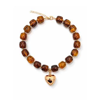 Bruine chunky kralenketting met vierkante kralen en gouden hartbedel van Casa Jadel