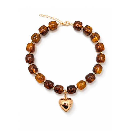 Bruine chunky kralenketting met vierkante kralen en gouden hartbedel van Casa Jadel