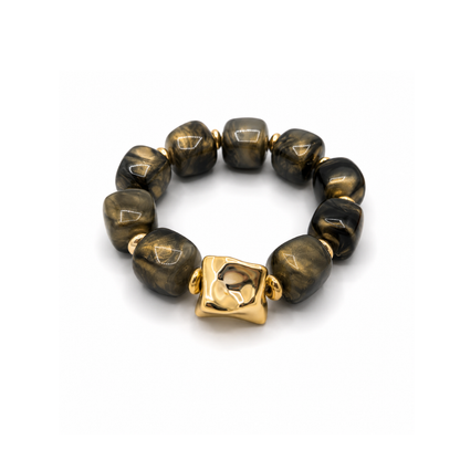 Bruine metallic chunky kralenarmband met marmer effect en gouden kraal dames armband Casa Jadel vooraanzicht
