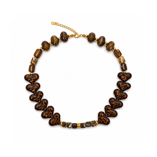 Bruine panterprint hartjes en marble kralenketting Casa Jadel