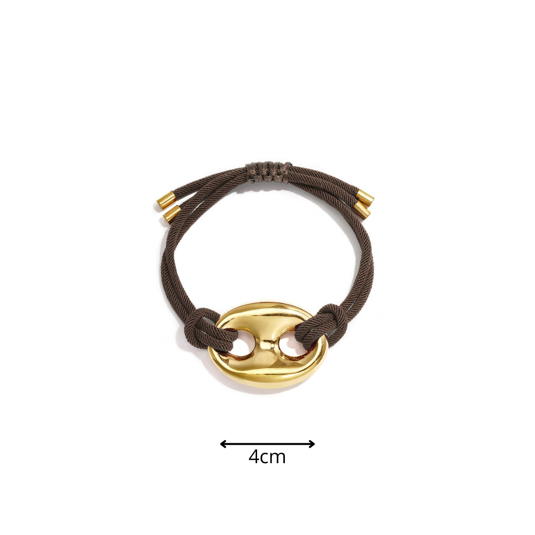 Bruine rope armband met gouden bean sluiting van stainless steel en verstelbaar koord met afmeting