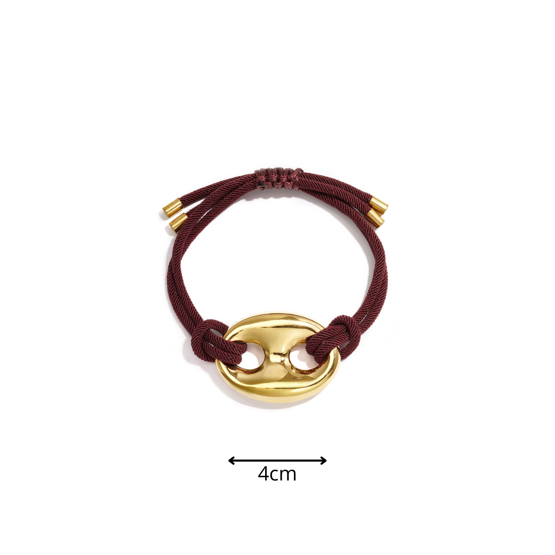 Burgundy satijnkoord armband met gouden bean sluiting van stainless steel met afmeting