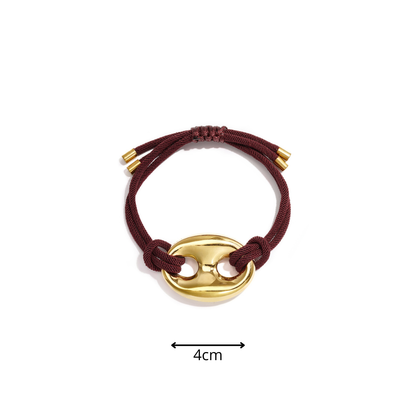 Burgundy satijnkoord armband met gouden bean sluiting van stainless steel met afmeting