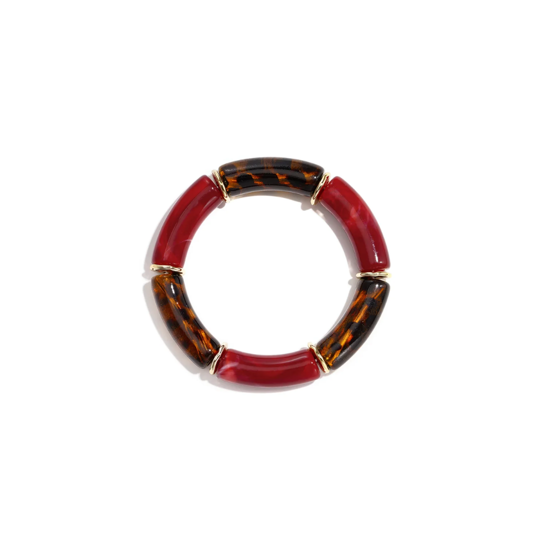 Burgundy bruine tortoise chunky tube armband met grote gebogen kralen, schildpadprint en goudkleurige tussenringen