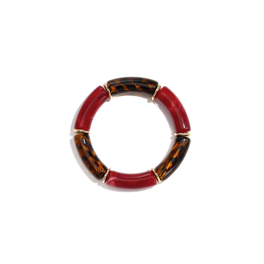 Burgundy bruine tortoise chunky tube armband met grote gebogen kralen, schildpadprint en goudkleurige tussenringen