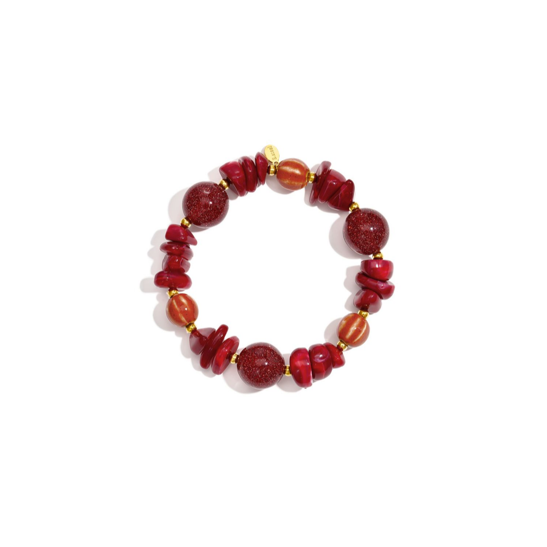 Burgundy chunky kralenarmband met glitterkralen, gestreepte kralen en gouden details