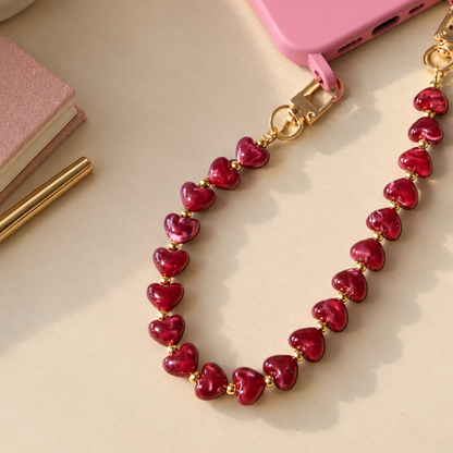 roze hoesje met  Donkerrode burgundy telefoonkoord van marble hartjes kralen
