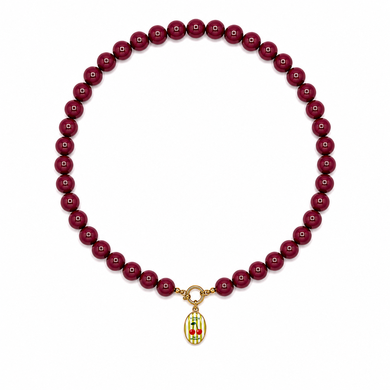 Burgubndy ketting met Groen gestreepte ovale bedel met rode kersen en goudkleurige details