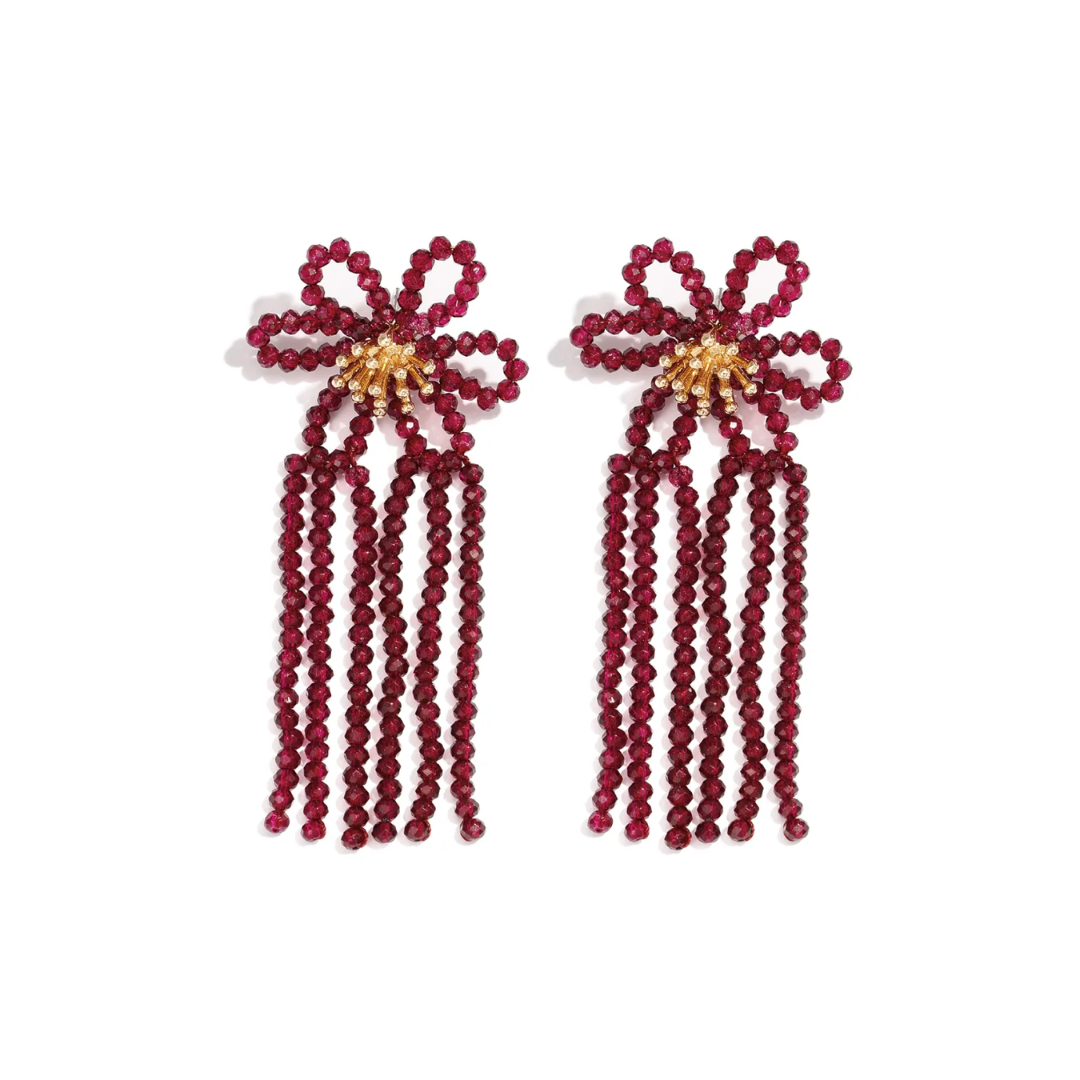 Burgundy kraaltjes bohemian bloem oorbellen met lange kralenstrengen en gouden details