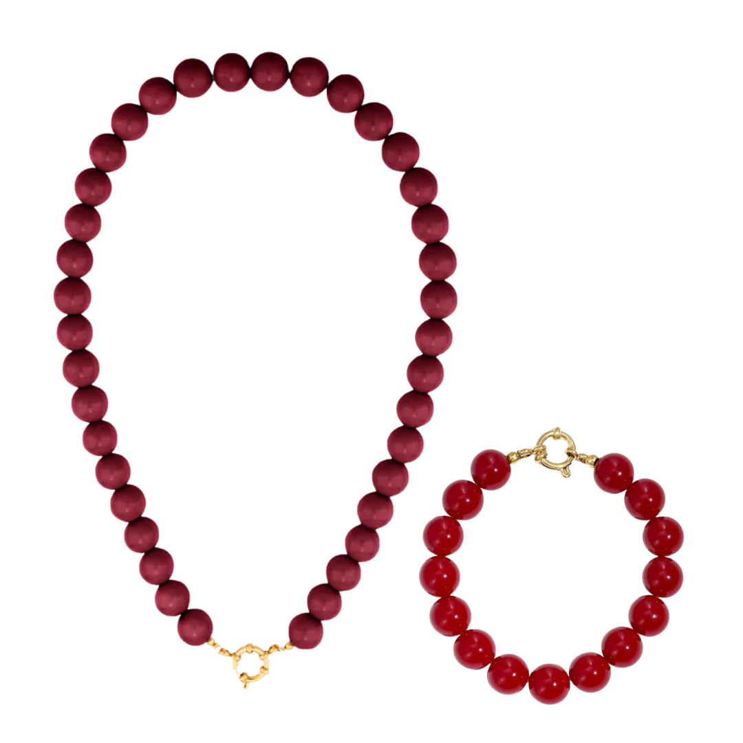 Burgundy kralen ketting en armband set met goudkleurig boeislot in Ibiza style