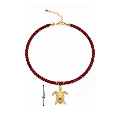 Burgundy rope ketting met goudkleurige schildpad bedel afmeting.