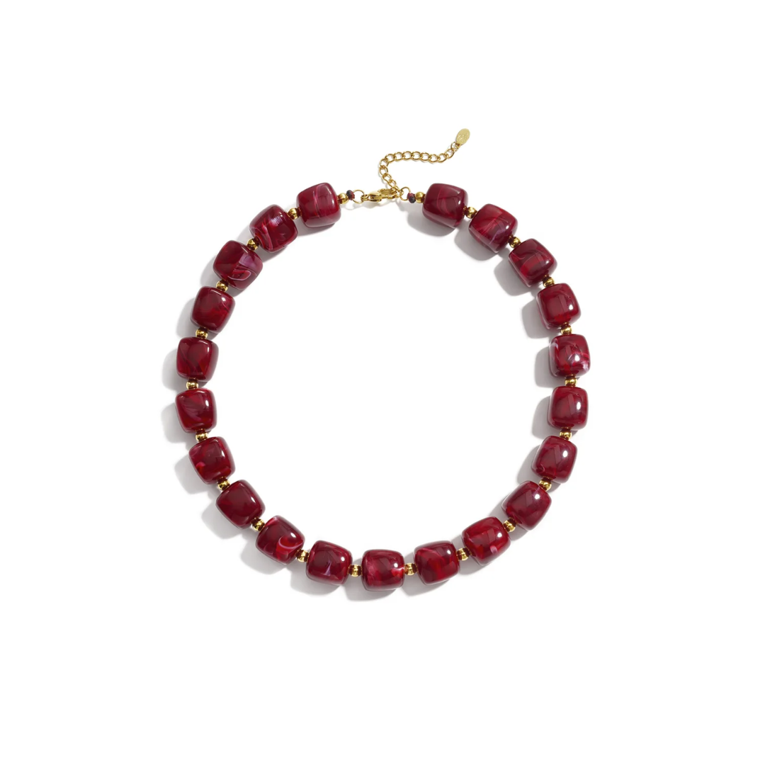 Burgundy squared XL chunky kralenketting met gemarmerde kralen en gouden details