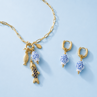 Delfts blauwe vis set met gouden ketting en bijpassende oorbellen van Casa Jadel
