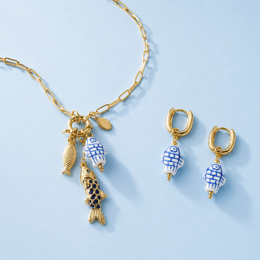 Delfts blauwe vis set met gouden ketting en bijpassende oorbellen van Casa Jadel
