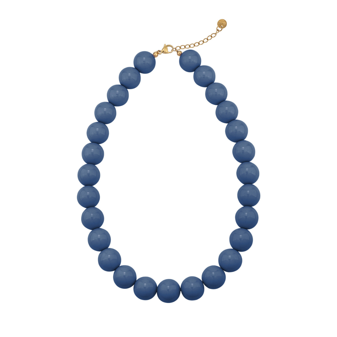 Donkerblauwe grote kralenketting met goudkleurige verstelbare sluiting