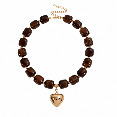 Donkerbruin chunky squared XL kralenketting met goud hart