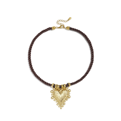 Donkerbruin gedraaide rope ketting met statement bolletjes hart