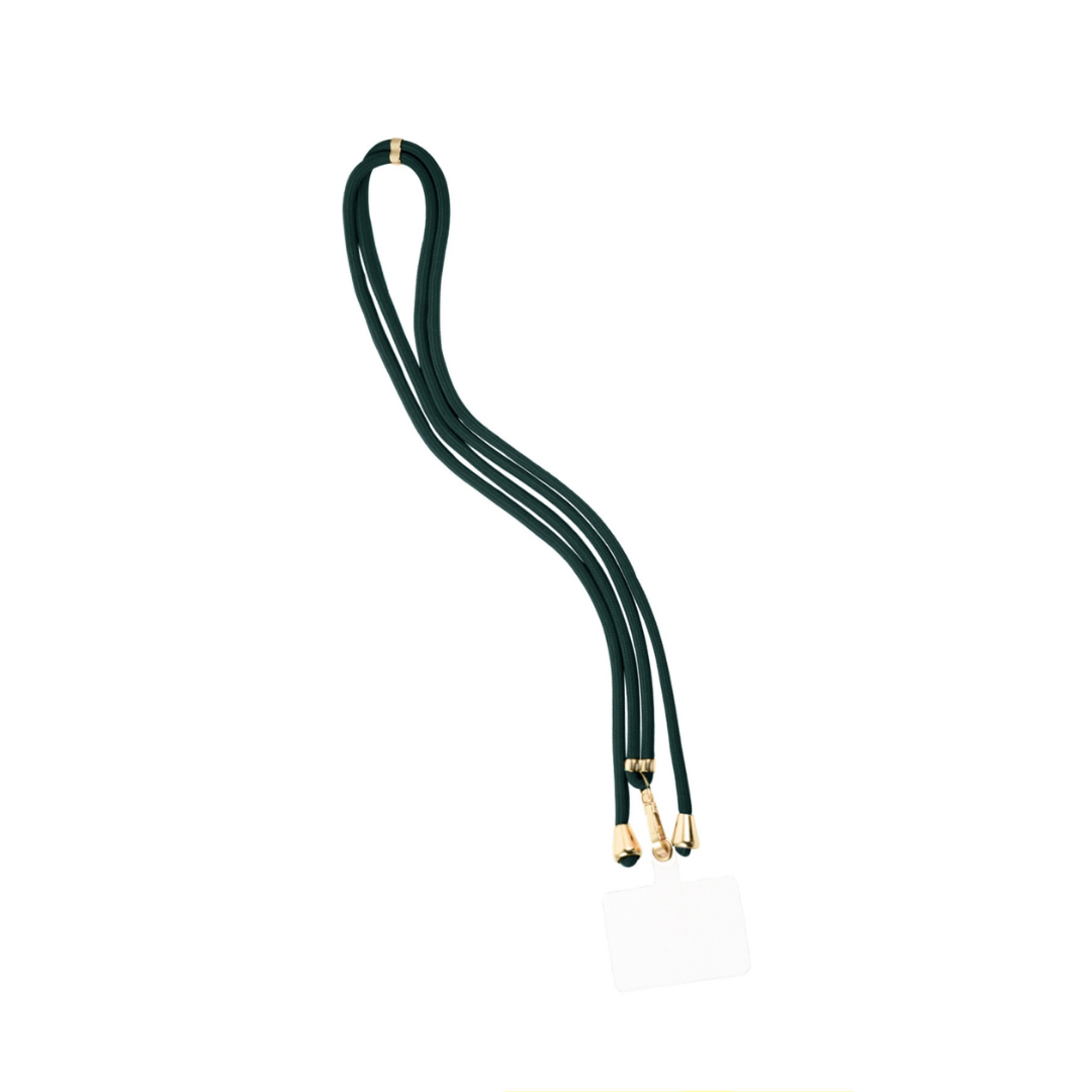 Donkergroen lang telefoonkoord rope met goudkleurige details en crossbody draagfunctie