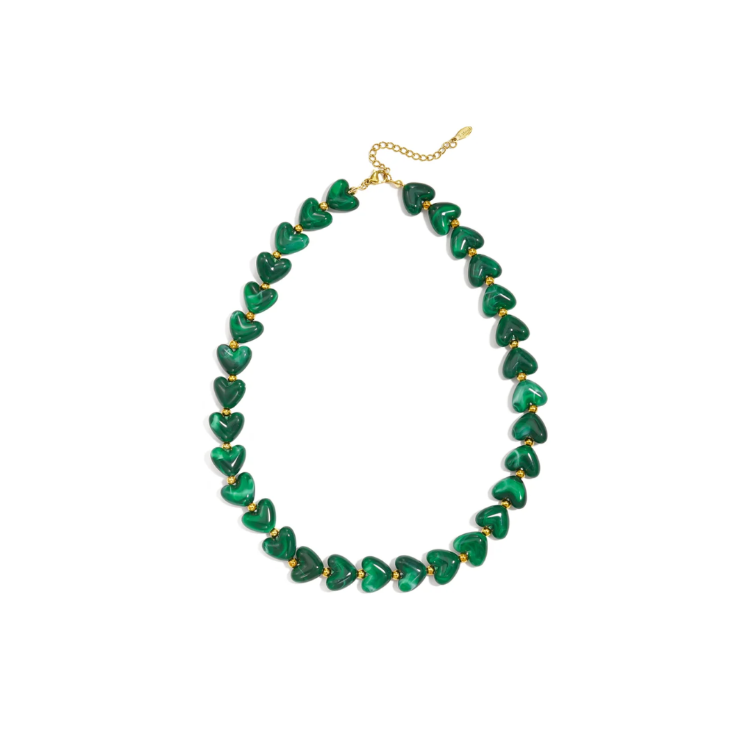 Donkergroene marble hartjes kralenketting Lieve met hartvormige kralen