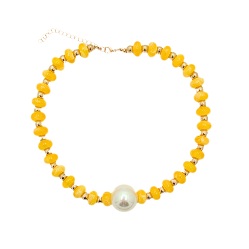 Donut kralenketting met grote parel geel