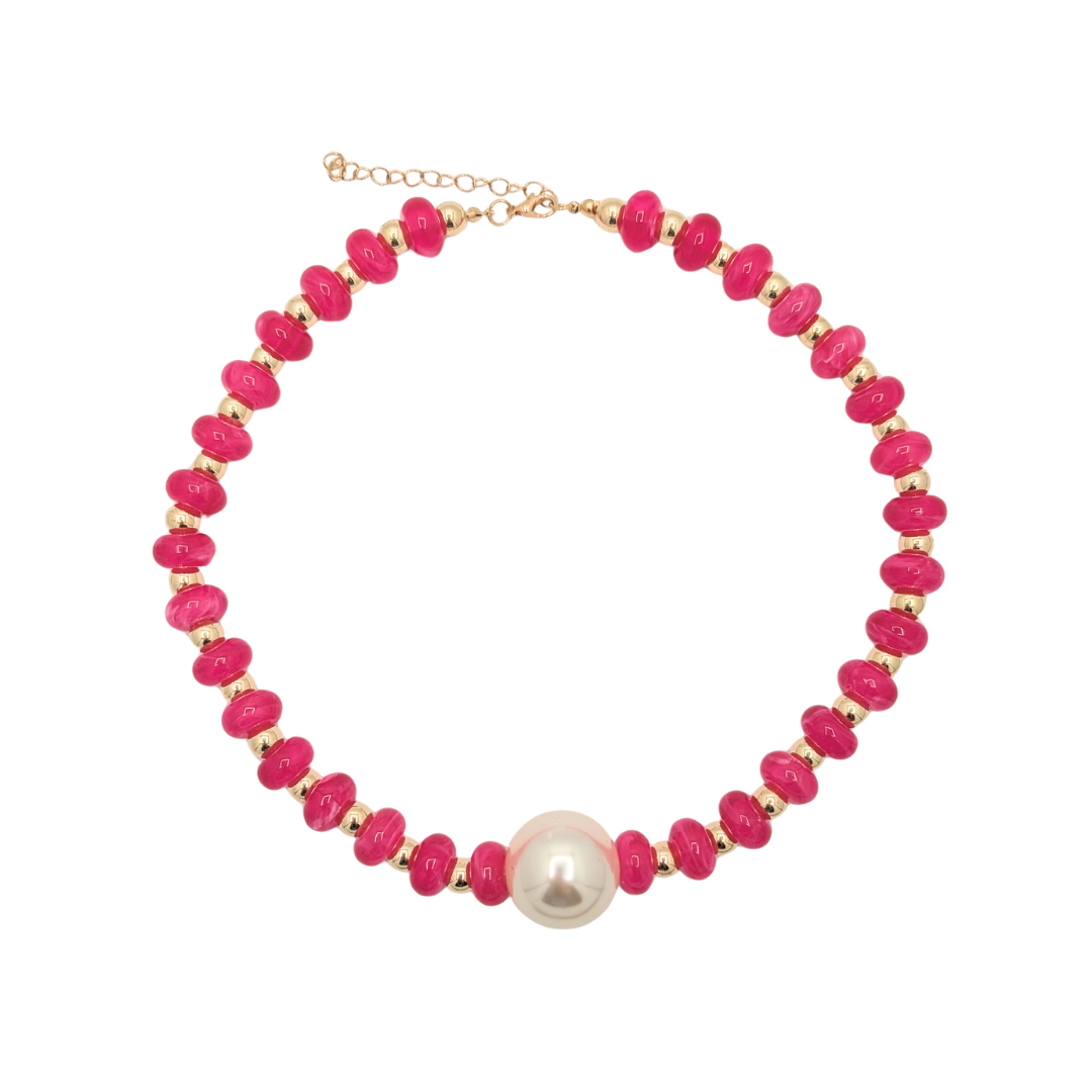 Roze donut kralenketting met grote parel
