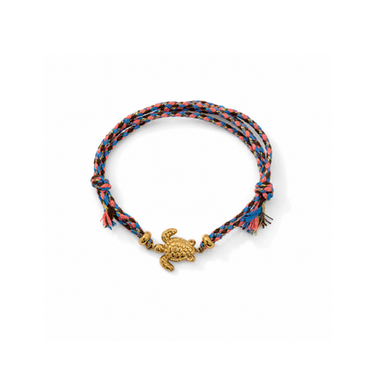 Fuchsia-blauwe rope armband met gouden schildpadbedel van Casa Jadel.