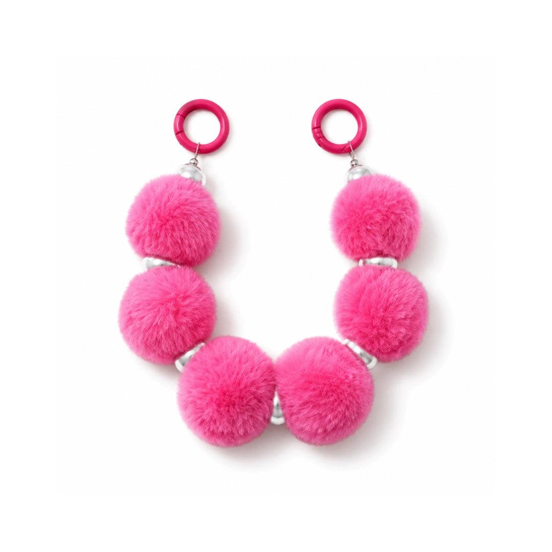 Fuchsia pompom en parels tashanger