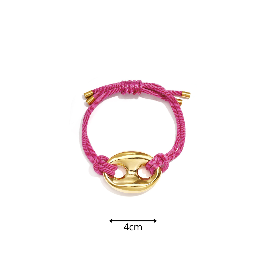 Fuchsia satijnkoord armband met gouden bean sluiting van stainless steel afmeting.