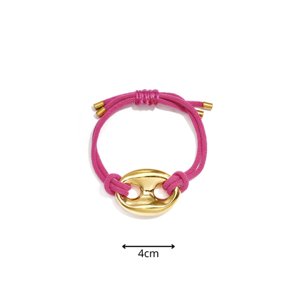 Fuchsia satijnkoord armband met gouden bean sluiting van stainless steel afmeting.