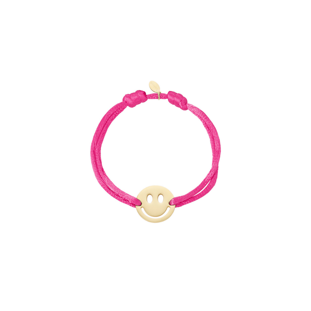 Fuchsia satijnkoord armband met grote gouden smiley