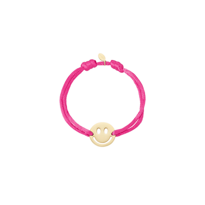 Fuchsia satijnkoord armband met gouden smiley bedel