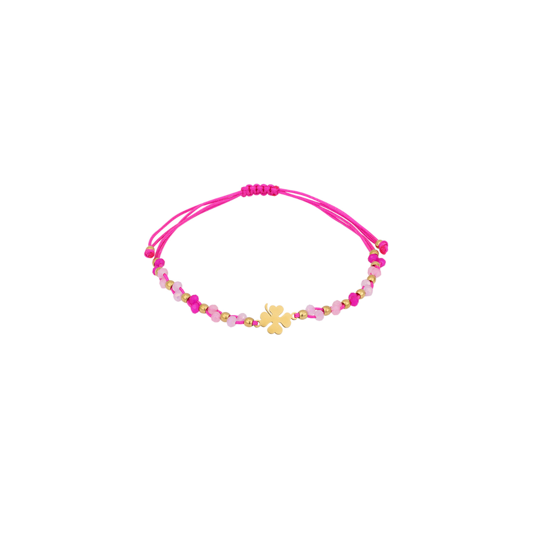 Fuchsia touw armbandje met gouden klavertje, facetkralen en gouden details van Casa Jadel.