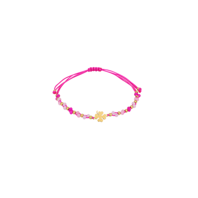 Fuchsia touw armbandje gouden klavertje kraaltjes