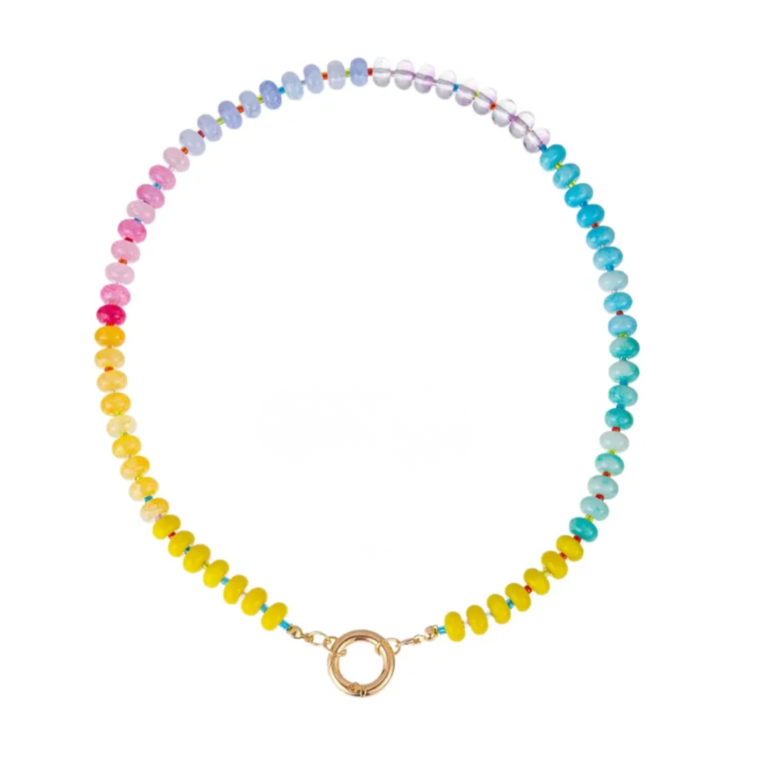 Geel blauw geel gekleurde glazenkralen ketting met kleurverloop en goudkleurig boeislot voor dames.