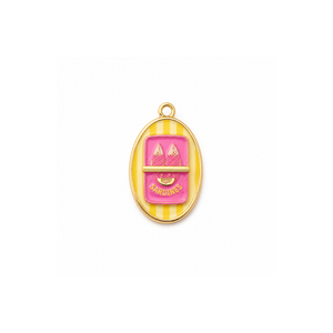 Geel gestreepte ovale bedel met roze sardineblikje en goudkleurige details