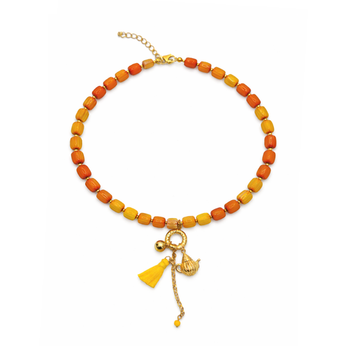 Geel oranje glazen kralenketting met kwast en theepot