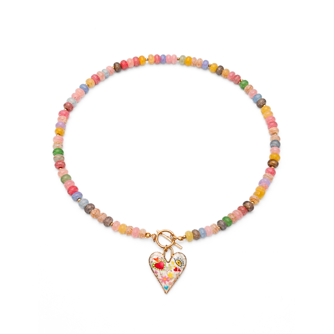 Geel-roze glazen kralenketting met hart hanger
