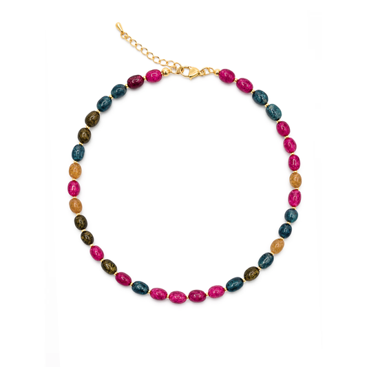 Gekleurde natuursteen kralenketting met roze blauwe en groene kralen Casa Jadel