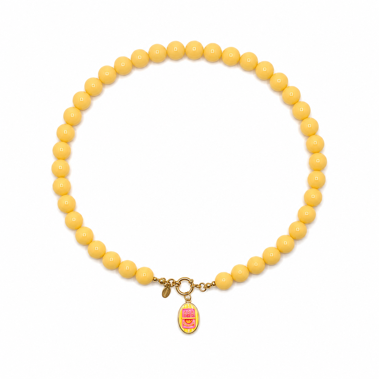 Gele ketting met Geel gestreepte ovale bedel met roze sardineblikje en goudkleurige details